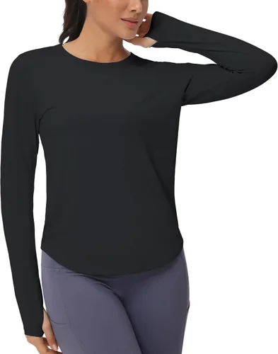 Vista 5 de THE GYM PEOPLE Camisas de entrenamiento de manga larga para mujer, atléticas, cuello redondo, senderismo, con agujero para el pulgar