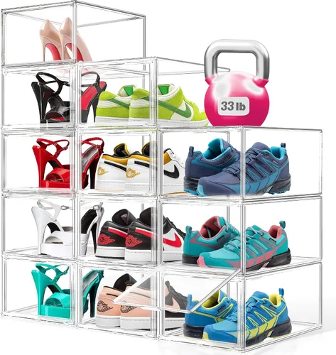 Vista 16 de 1 Pack Clear Shoe Storage Boxes Stackable, Large Sneaker Organizer with Acrylic Magnetic Door, Plastic Drop Front Shoe Containers for Men up to