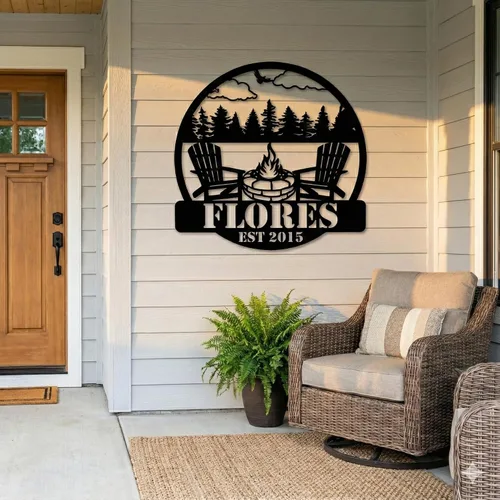 Vista 8 de Customizable Metal Sign for Your Perfect Mountain Getaway - Featuring Fire Pit and Scenic View, Personalized Family Badge with Fire Pit - Create