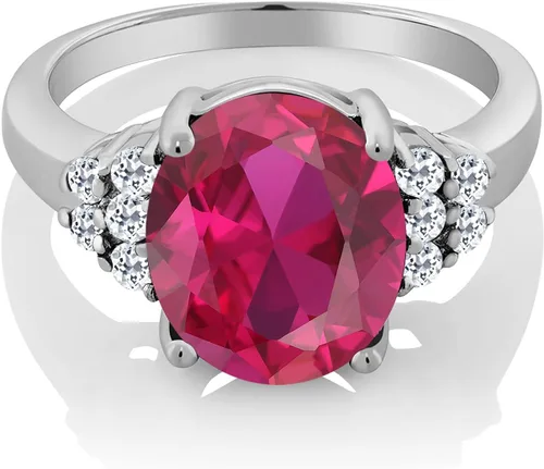 Vista 3 de Gem Stone King Anillo de compromiso de plata de ley 925 con rubí rojo y topacio blanco creado para mujer