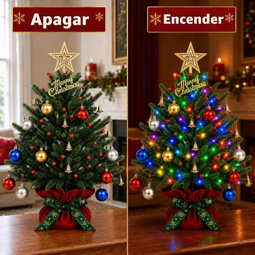 Vista 5 de Pooqla Mini árbol de Navidad iluminado RGB, árbol de Navidad LED de mesa que cambia de color con control remoto, 28 colores, 80 luces LED, árbol
