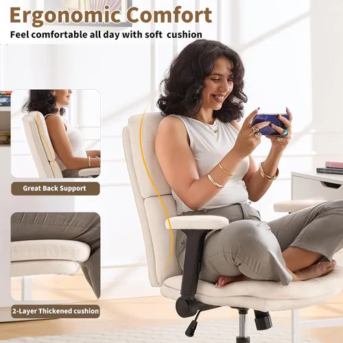 Vista 3 de Silla de oficina ajustable con respaldo medio, cómoda, de lino, ergonómica, con respaldo para el hogar, silla de computadora con reposabrazos Beige