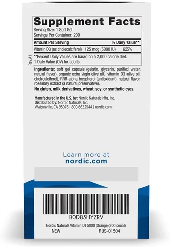 Vista 2 de Nordic Naturals Vitamina D3 5000, Naranja - 200 mini geles blandos - Apoyo para huesos saludables, estado de ánimo y sistema inmunológico