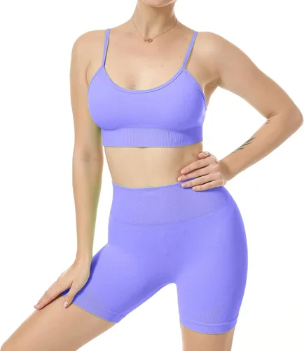 Vista 2 de JNINTH - Conjunto de yoga sin costuras para mujer, 2 piezas, brasier deportivo de entrenamiento, con pantalones cortos de cintura alta