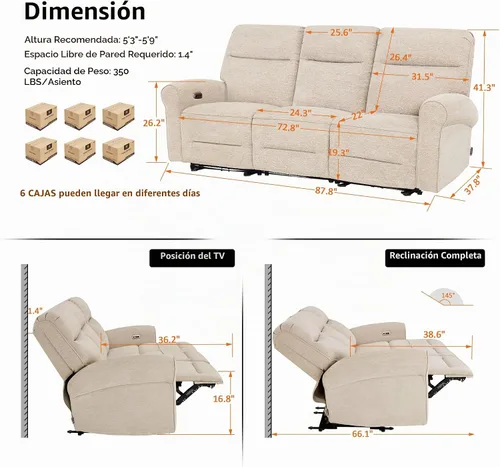 Vista 3 de MCombo Sofá reclinable eléctrico Hugger de pared de 87.8 pulgadas, sofá reclinable triple de 3 asientos con puertos USB, sofá reclinable con brazo