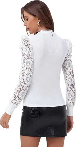 Vista 2 de SheIn Camiseta acanalada de manga larga con cuello redondo y lunares para mujer