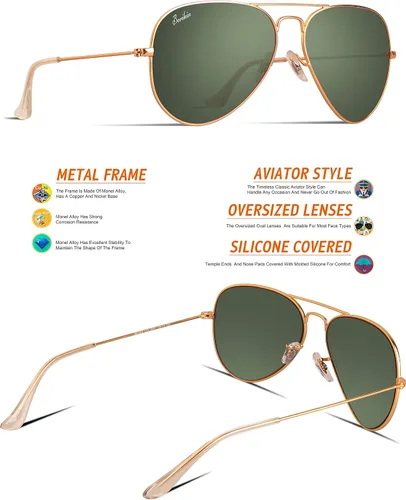 Vista 6 de Berikin Gafas de sol clásicas estilo aviador para hombres y mujeres, 100% protección UV400, 2.441in, lentes de cristal verde, marco de metal dorado