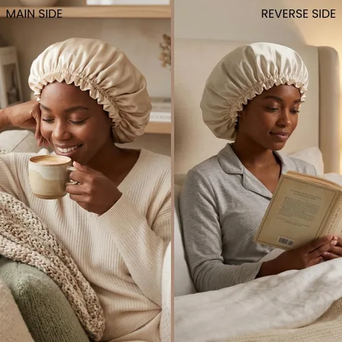 Vista 2 de Gorro de pelo para dormir, gorro de noche con clip ajustable, gorro reversible para el cabello para mujer, gorro de satén de seda