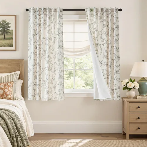 Vista 31 de Lazzzy Cortinas de lino floral verde con bolsillo para barra de granja, 50 Charlotte Verde