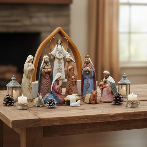 Vista 4 de Comfy Hour Faith and Hope Collection Baby Jesus, Santa Familia con Ángel, Belén de Navidad, juego de 11 piezas, poliresina