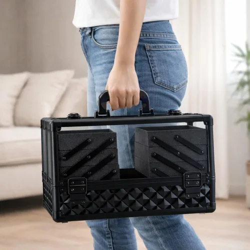 Vista 5 de Ver Beauty Estuche de tren de maquillaje de diamante negro con 6 bandejas de acordeón, organizador de cosméticos con cerradura