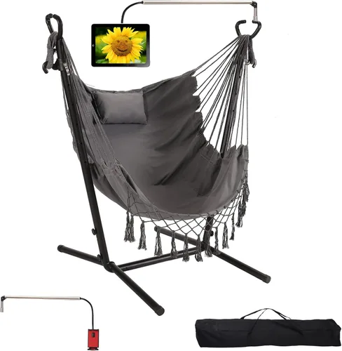 Vista 10 de Hamaca con soporte incluido con soporte para teléfono, silla doble colgante, macramé, estilo boho, hecha a mano, columpio ajustable para interiores
