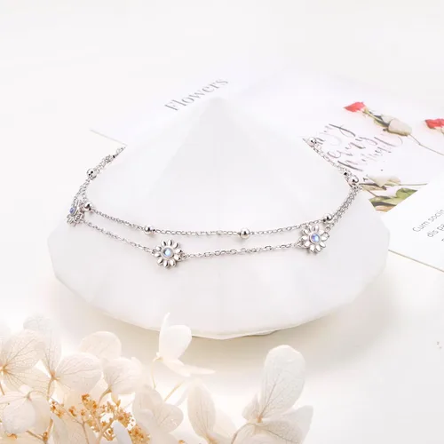 Vista 6 de Flyow Tobillera para mujer de plata de ley S925 ajustable con cuentas de corazón con dije de corazón