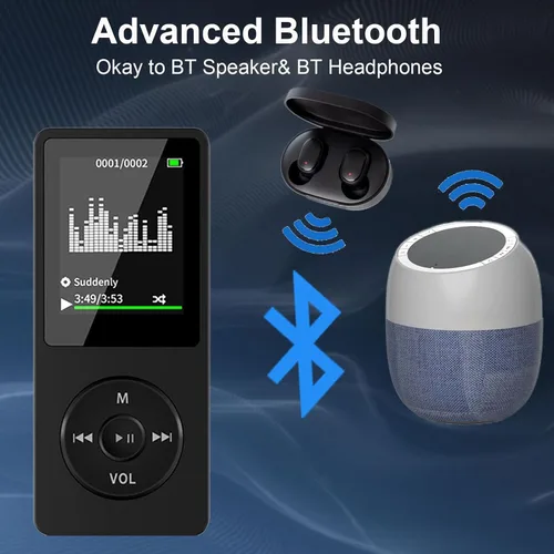 Vista 2 de Reproductor de música MP3 Bluetooth con tarjeta TF de 64 GB, mini reproductores MP3 portátiles con altavoz y auriculares, compatible con reloj