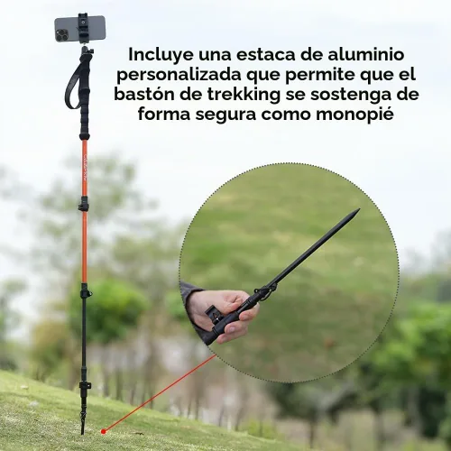 Vista 5 de Selfie Trekking Pole – Ultralight 7075 Aluminum Hiking Poles with Built-in 1/4” Mount, Selfie Clamp, Tripod & Camera Kit – Adjustable Flip-Lock