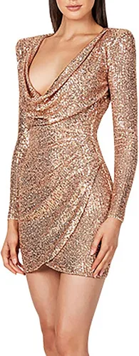 Vista 3 de Vestido sexy de lentejuelas para mujer, cuello en V, fruncido, entallado, para cóctel, fiesta, club nocturno, talla grande, vestidos de encaje
