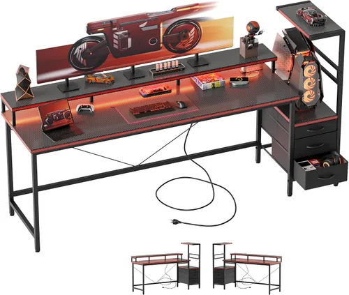 Vista 19 de Mericonia Escritorio para juegos con tomas de corriente y luces LED, escritorio reversible para computadora con soporte para caja de PC, cajones