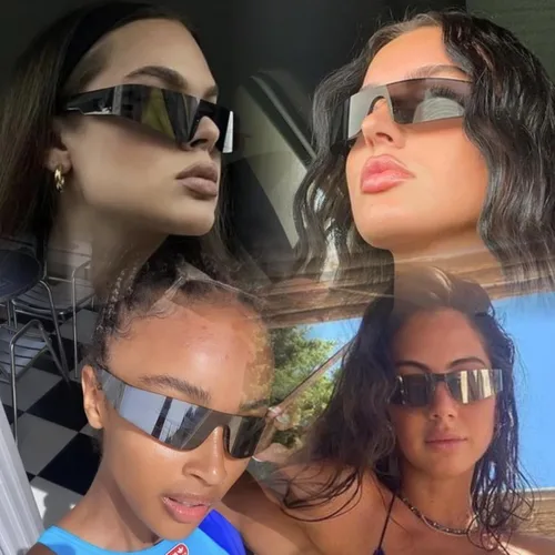 Vista 5 de Gafas de sol futuristas envolventes Y2K plateadas, de moda, sin marco, gafas Cyberpunk para mujeres y hombres, fiesta rave