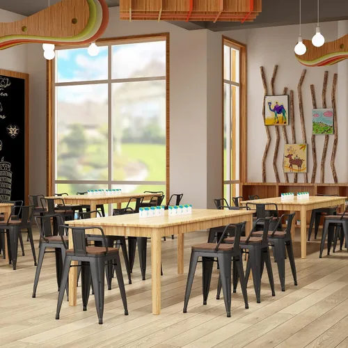 Vista 7 de Yongchuang - Juego de 4 taburetes de bar de 18" de metal apilables, taburetes cortos para aula, cocina, comedor, sillas con parte superior de madera