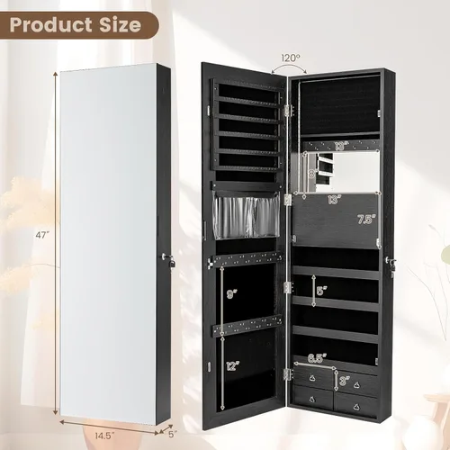 Vista 6 de COSTWAY Armario de joyería con espejo LED, espejo de longitud completa con almacenamiento de joyas, organizador de joyas colgante con cerradura