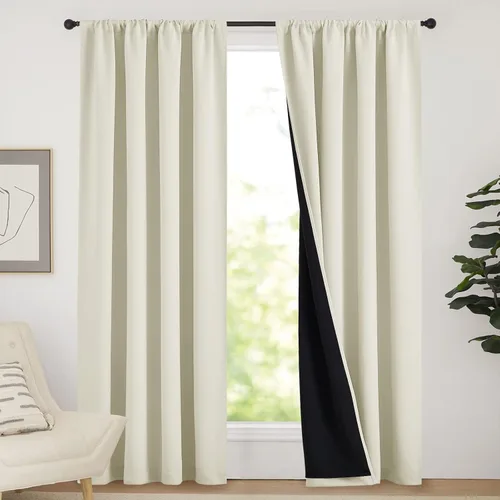 Vista 119 de NICETOWN Biscotti Beige 100% Cortinas opacas de 45" de largo para cocina, bolsillo con varilla para sótano completamente opaco, cortinas térmicas
