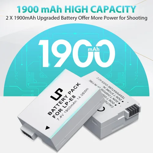 Vista 3 de LP Batería de repuesto E8, paquete de 2 baterías E8 de 1900 mAh para cámara digital Canon EOS Rebel T2i, T3i, T4i, T5i, EOS 550D, EOS 600D, EOS