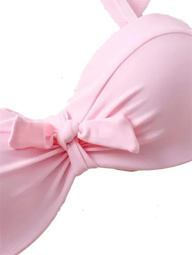 Vista 4 de Lilosy Lindo flamenco rayas lazo lateral volante correa anudada frente bikini traje de baño conjunto mujeres lazo espalda traje de baño