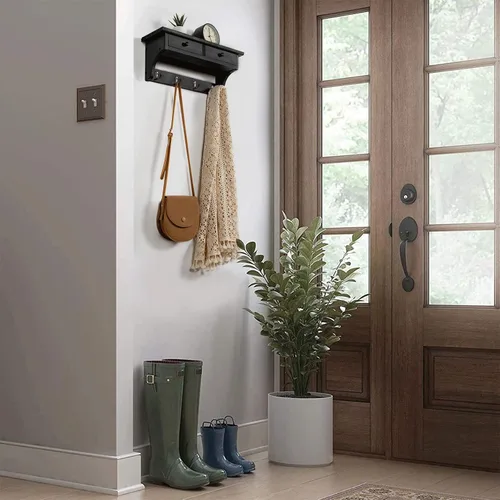 Vista 3 de Emfogo - Ganchos de pared de madera con estilo rústico, montados en la pared, con 4 ganchos y estante para entrada, cuarto de servicio, dormitorio