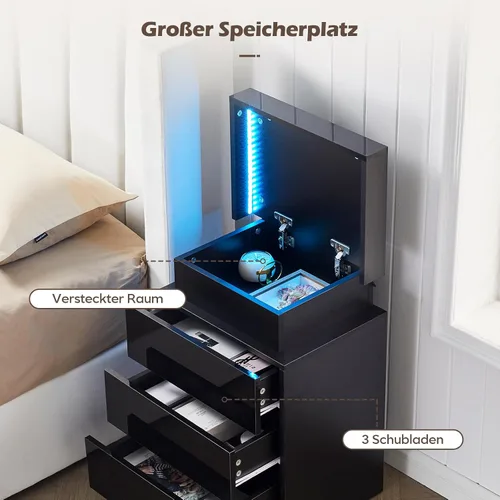 Vista 5 de TUKAILAi Mesita de noche con luz LED, moderna mesita de noche negra con tapa abatible, mesita de noche pequeña con 3 cajones de madera, mesa