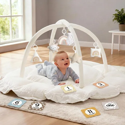 Vista 17 de Mallify Gimnasio de felpa 5 en 1 para bebés, tapete de juego para bebés, gimnasio convertible para bebés con manta y 6 juguetes, tapete