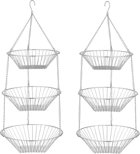 Vista 11 de JUNCHU CHERRY Cesta colgante de frutas de 3 niveles, 2 paquetes, almacenamiento para colgar en la pared, cesta de organización de cocina y baño