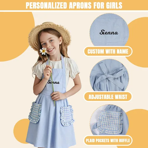 Vista 3 de MT WORLD Girls Apron Personalized Linen Kids Aprons for Cooking Toddler Girls Cross Back Apron Pinafore for Baking Crafting