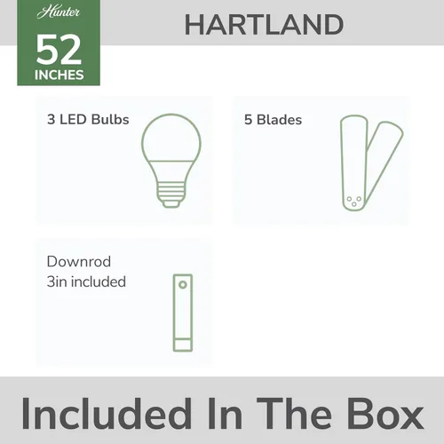 Vista 2 de Hunter Hartland 51745 - Ventilador de techo interior de 52 pulgadas con luces LED, para dormitorio, sala de estar o cocina, montaje estándar, sin