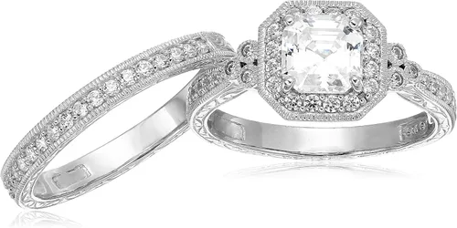 Vista 4 de Amazon Essentials Anillo antiguo de plata de ley chapada en platino o oro con circonita cúbica de elementos infinitos de corte Asscher