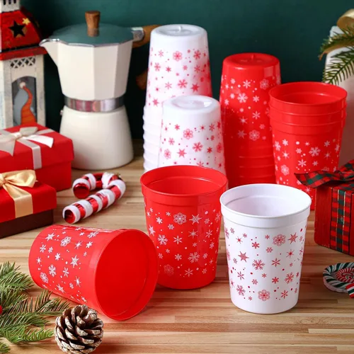 Vista 2 de Sliner 48 vasos de Navidad con copos de nieve para niños, reutilizables, de plástico de 16 onzas, vasos de plástico para estadios, vasos de agua
