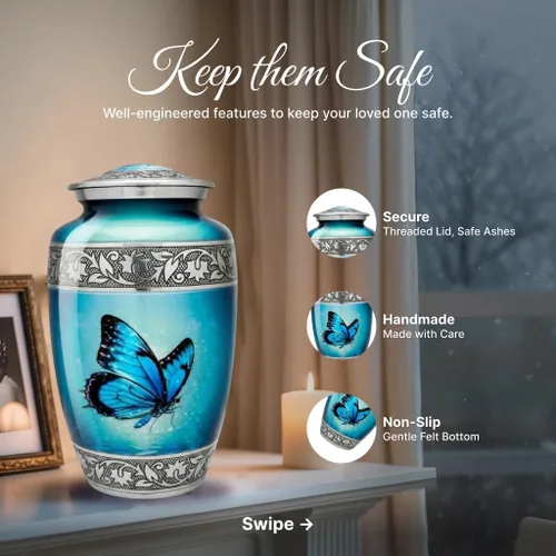 Vista 5 de Juego de 6 urnas de cremación decorativas personalizadas con diseño de mariposa azul para cenizas humanas, incluye 1 urna grande para cenizas