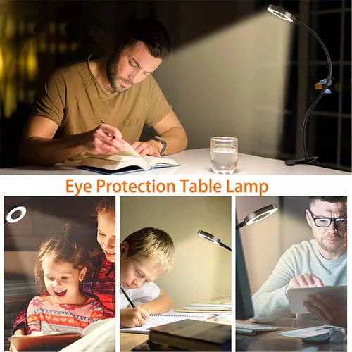 Vista 6 de Brokimis Lámpara de escritorio de protección ocular con clip LED para leer Negro con adaptador