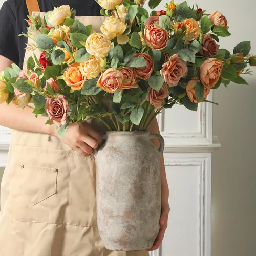 Vista 5 de Florero Grande para Decoración del Hogar - Jarrones de Mesa Rústicos de Granja de Cerámica de 12 Pulgadas de Alto con Asa, Decoración de Sala