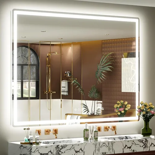 Vista 16 de SMIROR Espejo de baño LED con luces de 22" x 30", espejo de tocador rectangular redondeado iluminado para pared, iluminado frontal y retroiluminado