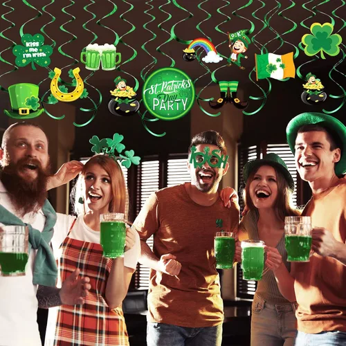 Vista 6 de 30 piezas de decoración colgante del día de San Patricio, trébol irlandés de la suerte, trébol, duende, herradura, letrero de papel de aluminio