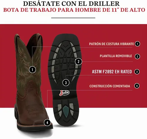 Vista 5 de Justin Botas de trabajo blancas Stampede Sq Toe para hombre