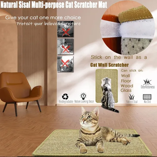 Vista 6 de Alfombrilla de rascar para gatos, 23.6 x 15.7 pulgadas, rascadores de sisal natural para gatos de interior con cintas de velcro, tapete para rascar