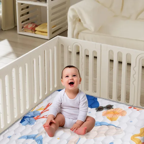 Vista 4 de TADO MUSLIN Tapete de juego para bebé de 50 x 50 pulgadas, tapete suave y grueso para corral de juegos, tapete de espuma lavable a máquina con parte
