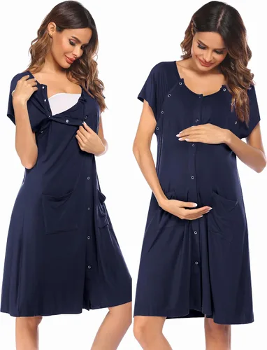 Vista 9 de Ekouaer - Vestido de maternidad 3 en 1 para trabajo de parto/hospital, camisón de lactancia, ropa de dormir para amamantar con botones S-XXL A-Negro
