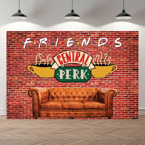 Vista 3 de Fondo de 6 x 4 pies para fiesta de amigos de Central Perk, pared de ladrillo rojo, retro, sofá de pub y café, fondo para fotografía de cumpleaños