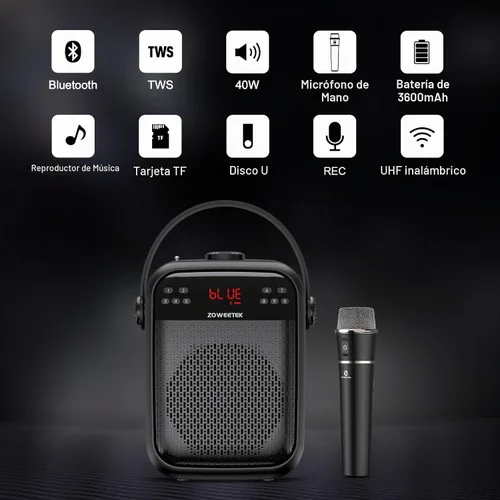 Vista 4 de ZOWEETEK Amplificador de Voz con Micrófono Inalámbrico de Mano, Amplificador de Voz Inalámbrico para Profesores, Altavoz y Micrófono de Sistema PA