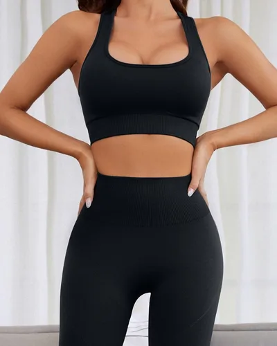 Vista 2 de Conjuntos de entrenamiento para mujer, 2 piezas, sin costuras, brasier deportivo de cintura alta, leggings de yoga
