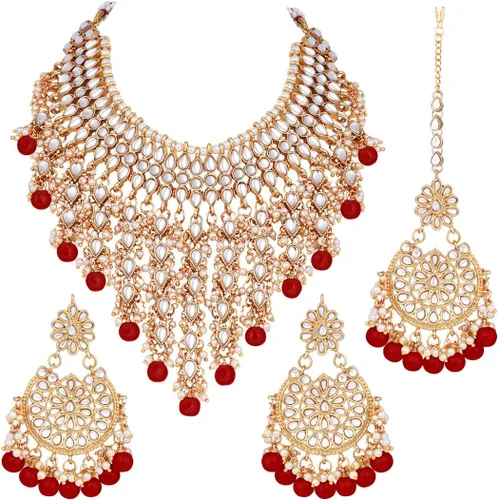 Vista 9 de Aheli Elegant Wear - Gargantilla con tachuelas Kundan de imitación con juego de Maang Tikka Azul