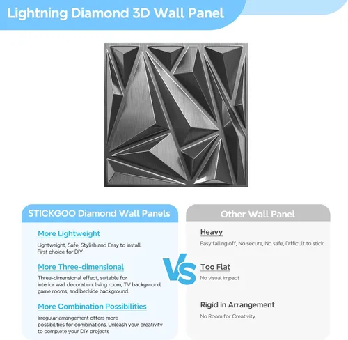 Vista 5 de STICKGOO Paneles de pared 3D, paquete de 33 paneles de pared con diseño de rayo y diamante para decoración de pared interior, paneles de pared