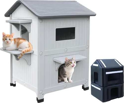 Vista 13 de Casa de plástico para gatos al aire libre – Casa para gatos para exteriores con forro aislante para invierno, 100% resistente a la intemperie